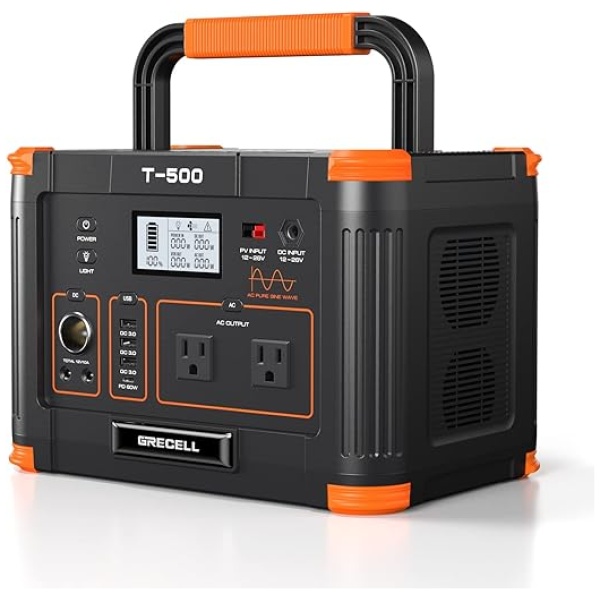 500W Portable Power Station, GRECELL Solar Generator 519Wh (Peak 1000W) Lithium Battery Power Generator with 2*110V AC Outlets, Mobile Battery...