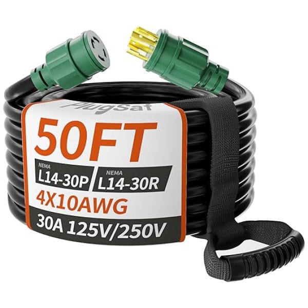 50FT 30 Amp Generator Extension Cord 4 Prong, NEMA L14-30P/L14-30R 10 Gauge STW 125/250V Twist Lock Generator Cord Heavy Duty, Green ETL Listed...