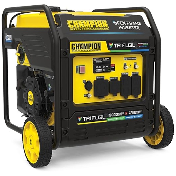 Champion Power Equipment 201176 9000-Watt Electric Start Tri-Fuel Open Frame Inverter Generator with CO Shield