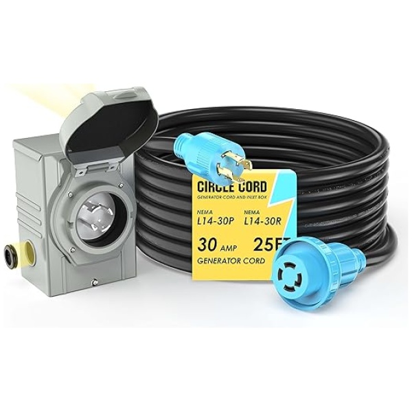 CircleCord 4 Prong 25 Feet 30 Amp Generator Extension Cord and Inlet Box with Locking Connector, Heavy Duty NEMA L14-30P/L14-30R, 125/250V 7500W 10...