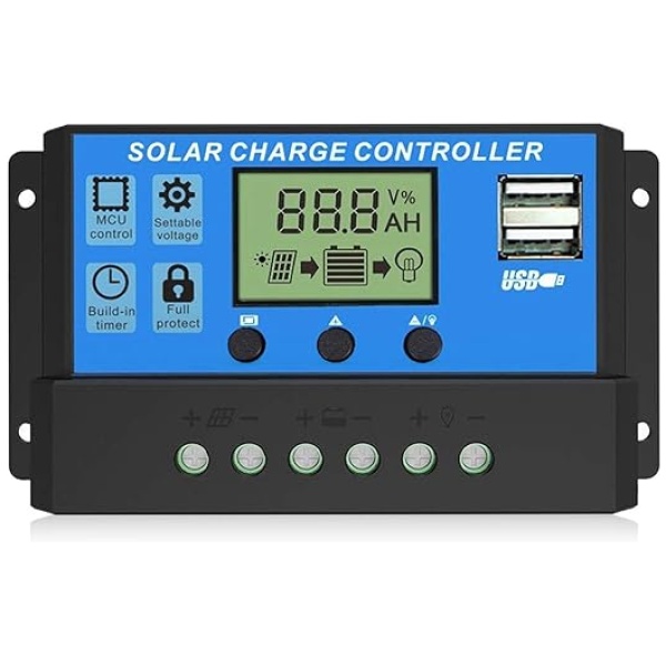 EEEkit 30A Solar Charge Controller, Solar Panel Charger Controller 12V/24V, Multi-Function Adjustable LCD Display with Dual USB Port Timer Setting...