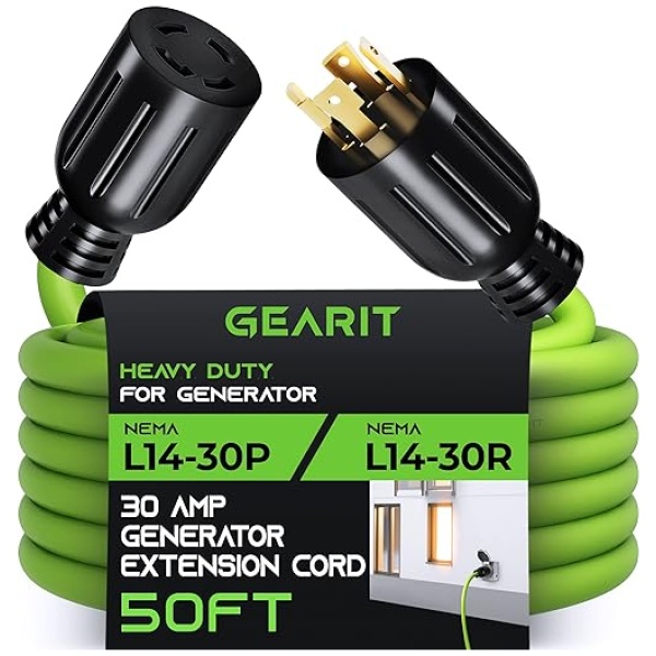 GearIT 30-Amp Generator Extension Cord (50 Feet) 4-Prong 120/250-Volt 7500W, NEMA L14-30P/L L14-30R, 10 Gauge SJTW Locking Power Cord for Manual...