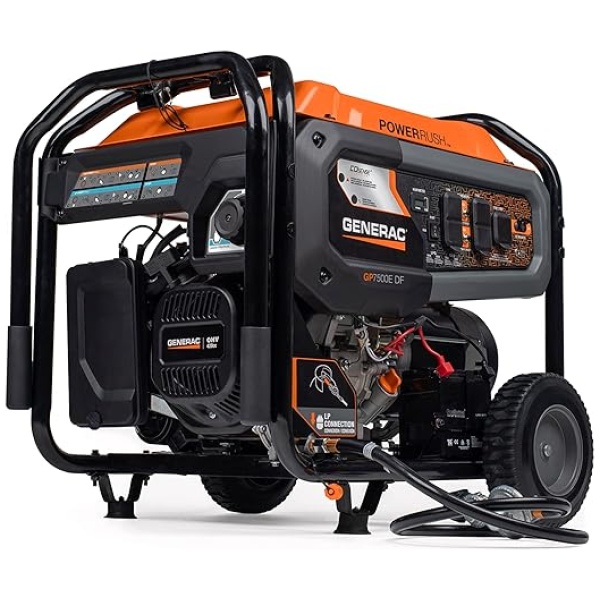 Generac 8011 GP7500E 7,500-Watt Dual-Fuel Compatible Portable Generator - Gas and Propane - COsense Technology with Electric Start - Powerrush...