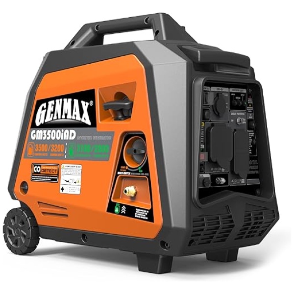 GENMAX Portable Inverter Generator, 3500W Super Quiet Gas or Propane Powered Engine with Parallel Capability, Manual start，Ideal for Camping Travel...