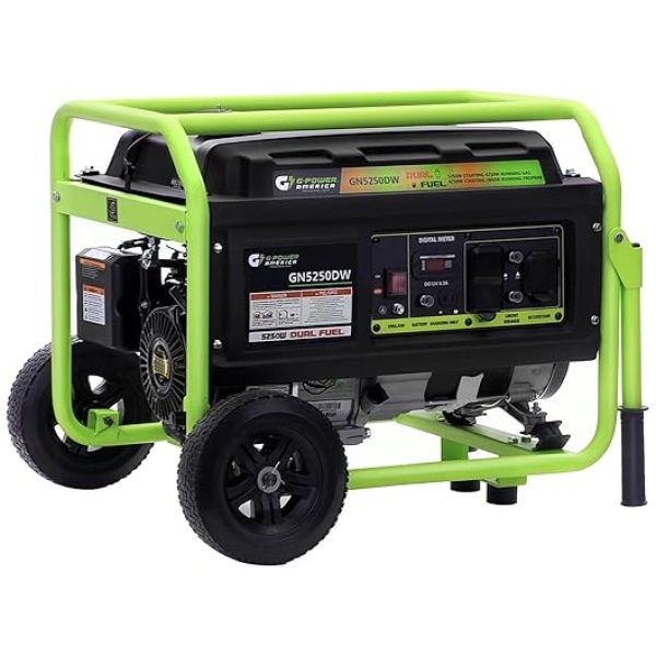 Green-Power America Dual Fuel Portable Generator 5250 Watt Gas or Propane Powered, Manual Recoil Start, 120v and 240v AC output, 12V-8.3A Charging...