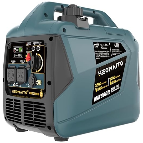 HEOMAITO 3500W Portable Inverter Generator Dual Fuel Power Equipment Ultra Quiet with CO Sensor Digital Dispaly Parallel Capability, EPA Compliant,...