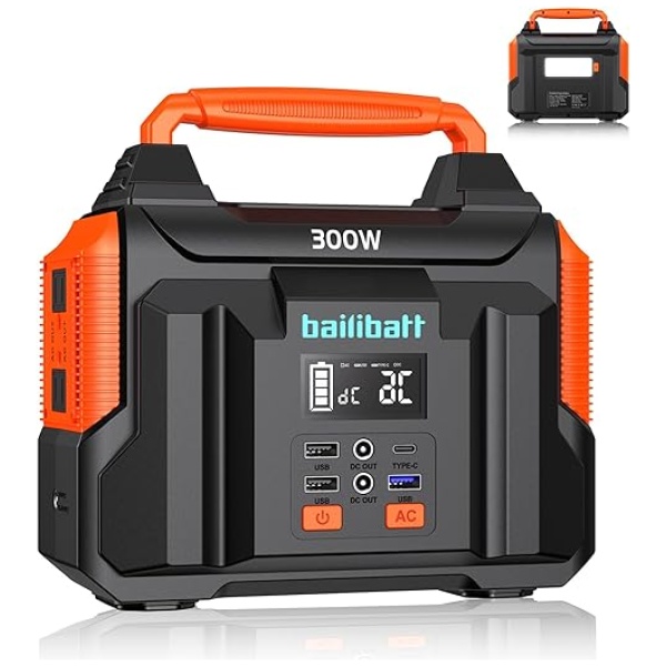 Portable Power Station 300W(Peak 600W), BailiBatt 257Wh 8-Port Portable Generator with Flashlight, 110V Pure Sine Wave AC Outlet Lithium Battery,...