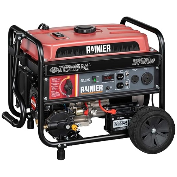 RAINIER R4400DF Dual Fuel (Gas and Propane) Portable Generator with Electric Start - 4400 Peak Watts & 3600 Rated Watts - CARB Compliant