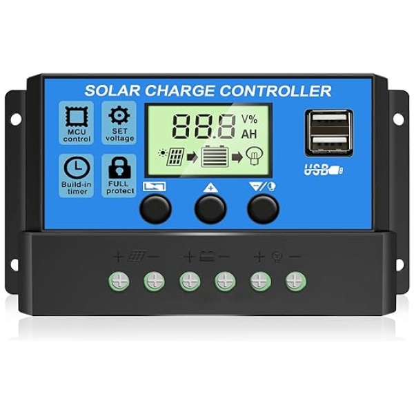 [Upgraded] 30A Solar Charge Controller, 12V/ 24V Solar Panel Regulator with Adjustable LCD Display Dual USB Port Timer Setting PWM Auto Parameter