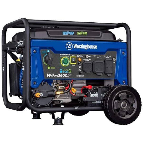 Westinghouse Outdoor Power Equipment 4650 Peak Watt Dual Fuel Portable Generator, Remote Electric Start with Auto Choke, RV Ready 30A Outlet, Gas &...