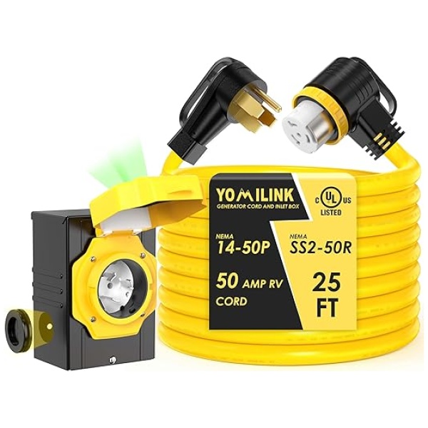 YOMILINK 50 Amp 25 Feet Generator Cord with Inlet Box Kit, Heavy Duty 6/3+8/1 AWG STW Wire, NEMA 14-50P to SS2-50R Twist Locking, Newly Designed 90...